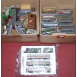 Two boxes of assorted N gauge and 00 gauge rolling stock, display models, and scenery etc