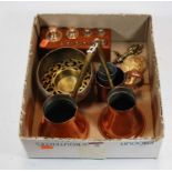 A small collection of brass and copper wares, to include scales and measures