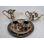 Sundry plated and metalwares, to include four-piece tea and coffee set