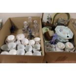 Two boxes of miscellaneous china and glass, to include Limoges part tea sets, decanters and