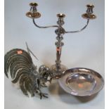 A circa 1900 silver plated three-light candelabrum, h.47cm; together with a modern plated footed