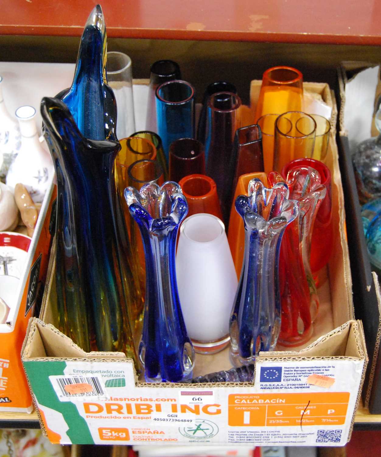 A box of mixed late 20th century coloured glass vases