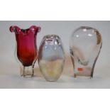 A Dartington polished clear crystal vase, stamped verso, 22cm; a Venetian cranberry glass vase;