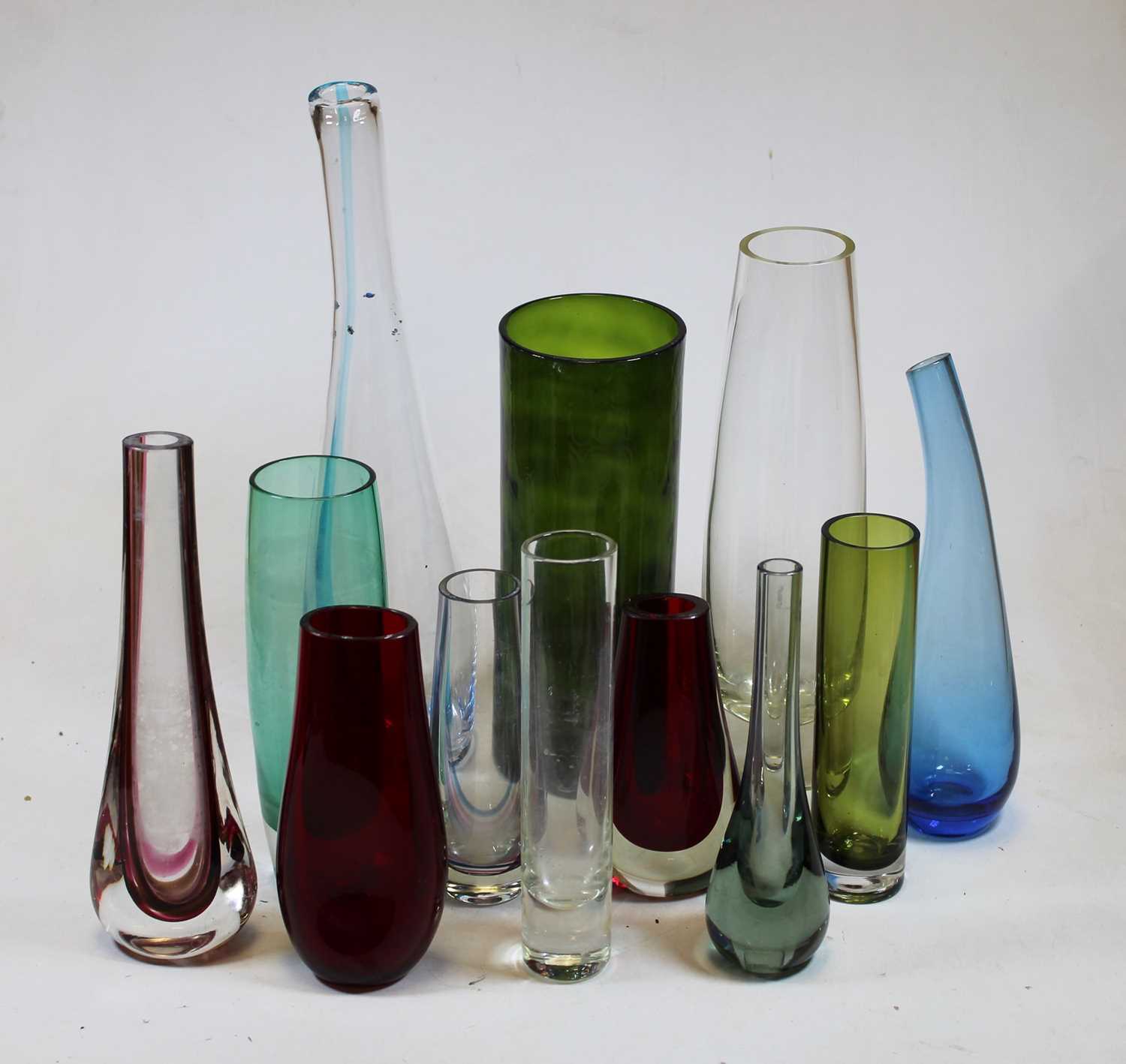 Two boxes of miscellaneous glassware, to include studio glass vases in various colourways