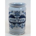 An 18th century Delft blue & white drug jar annotated in Latin, height 17cmCondition report: Chipped