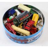 A box of loose and playworn diecast toy vehicles to include Ford Transit van, Volvo truck etc