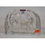 A contemporary glass desk weight, relief carved with elephant, width 18cm