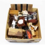 A box of miscellaneous dolls house furniture, to include pedestal desk, dresser, wash-stand,