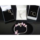 Assorted contemporary costume jewellery to include Love Links bracelet, key pendant on finelink neck