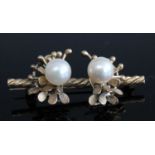 A yellow metal and cultured pearl set bar brooch, unmarked but tests as approx 14ct, 6.6g, 4.2cm