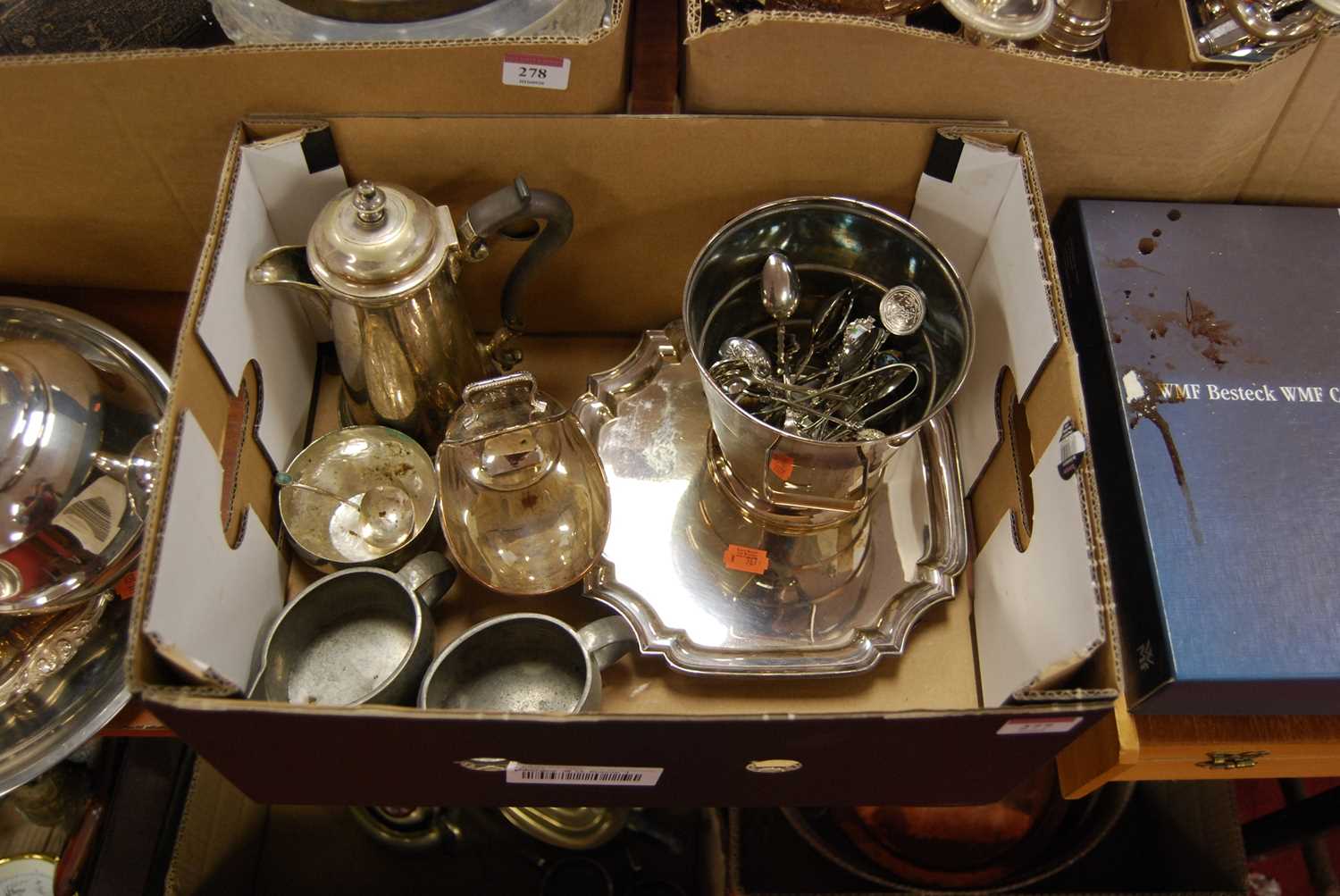 Sundry plated wares, to include salver, hot water pot, souvenir spoons etc