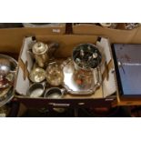 Sundry plated wares, to include salver, hot water pot, souvenir spoons etc