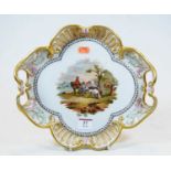 A 19th century porcelain twin handled dish, painted with figures on horseback before a lake to the