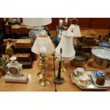 A pair of 20th century brass table lamps, height 48cm, together with five other various table lamps