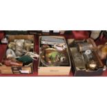 Three boxes of mixed sundries to include mixed plated wares, glassware, mixed treen etc