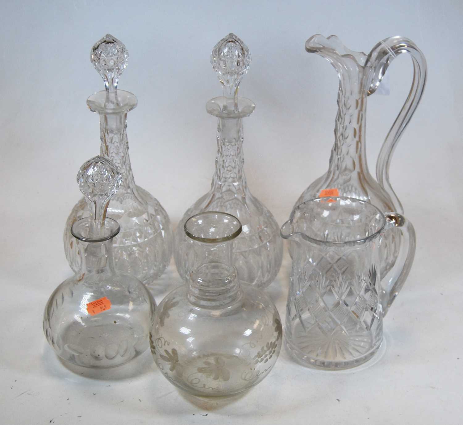 A pair of early 20th century cut lead glass decanters, together with various other glassware