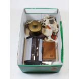 A box of miscellaneous items, to include early 20th century brass table cigarette lighter, Art