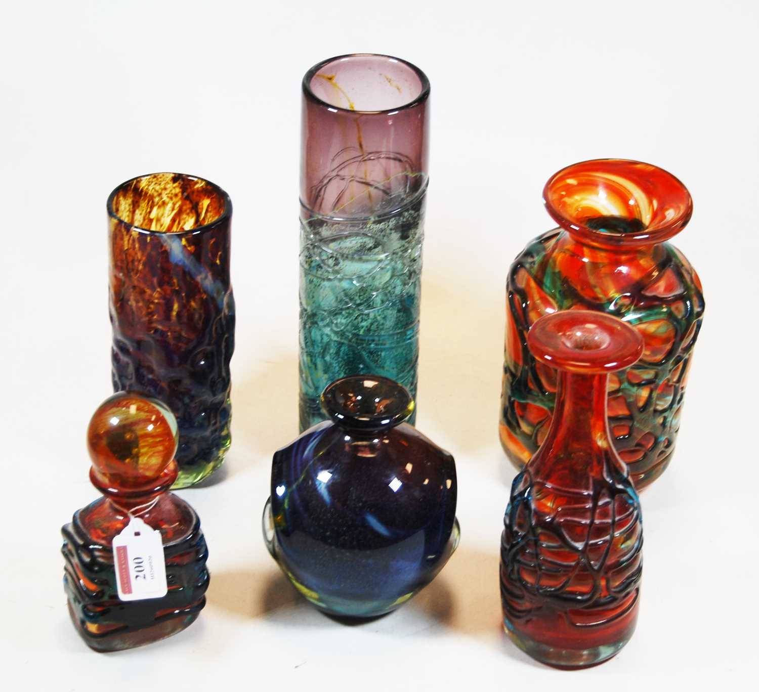 Five Mdina and Mdina type glass vases to include two cylindrical, together with one scent bottle and