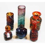 Five Mdina and Mdina type glass vases to include two cylindrical, together with one scent bottle and
