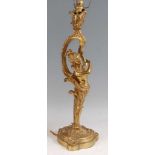 A large circa 1900 French gilt bronze Rococo Revival table lamp, of floral cast C-scroll upper form,