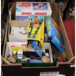 A box of mixed toys to include Corgi Toys car transporter etc