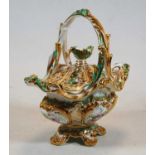 A Rococo Revival porcelain pot pourri basket and cover in the manner of Rockingham having brightly