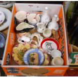 A box of mixed ceramics to include Wedgwood jasper ware, a pair of Wedgwood Chinese Legend vases,