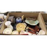 Two boxes of mixed effects to include bakelite mantel clock, TG Green Cornish wares, Chinese