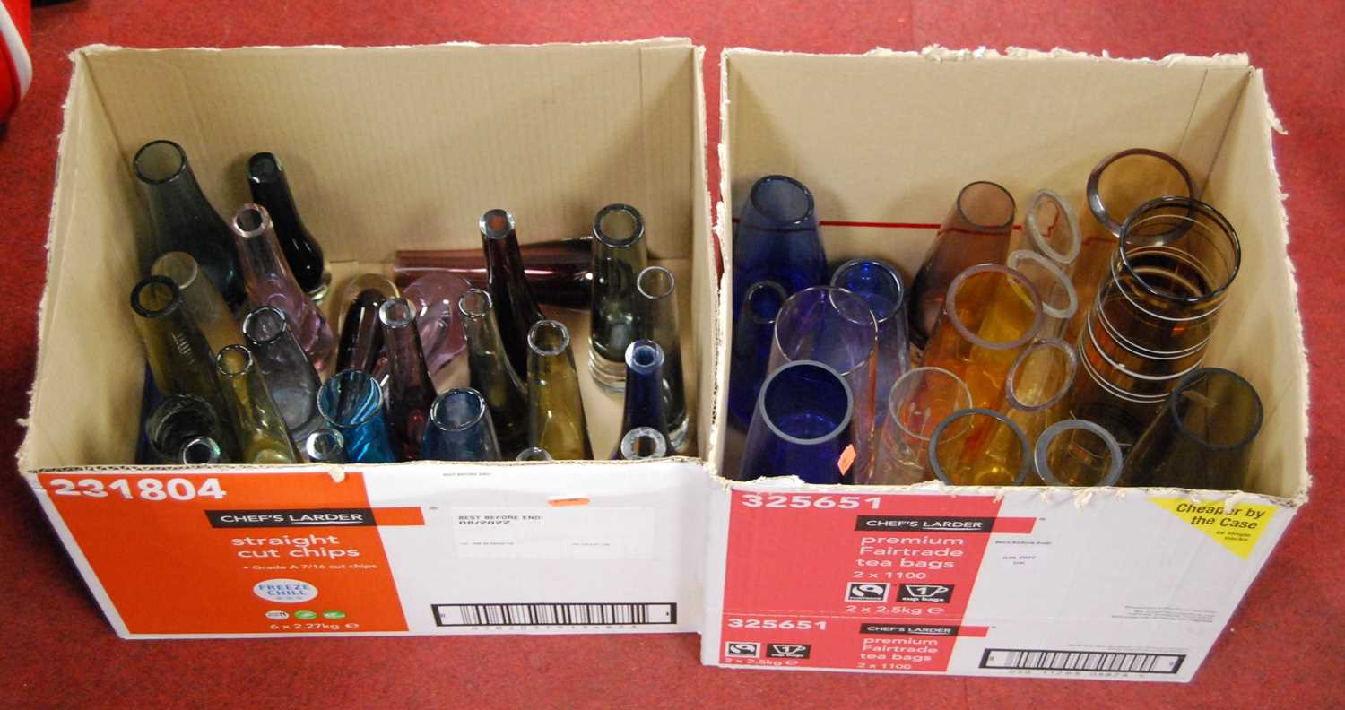 Two boxes containing a collection of 20th century coloured glass vases