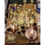 A box of mixed metal ware to include copper, brass etc
