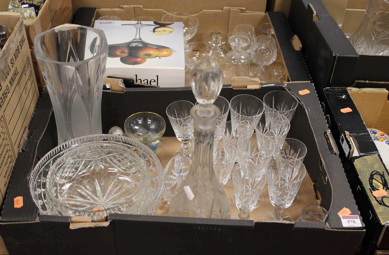 Three boxes of mixed glass ware to include water jug, punch bowl, mixed glasses etc