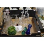A box of miscellaneous glassware, to include Victorian decanter and stopper, green glass vase,