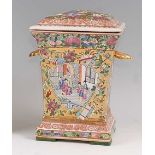 A Chinese export famille rose flower bough pot and cover, of square waisted form, the whole