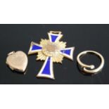 A gold plated heart shaped locket, gilt metal dress ring, and a German cross of honour medal (3)