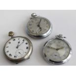 A gents nickel cased open faced pocket watch having keyless movement, together with two other