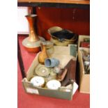 Assorted metalwares, to include brass helmet scuttle, copper oversize ewer, wall clock and barometer