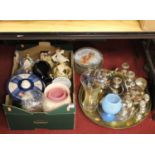 A box of mixed china and glass, mixed plated wares, brass tray etc