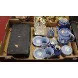 A box of mixed sundries to include a Wedgwood jasper wares plated condiments set, and a plated