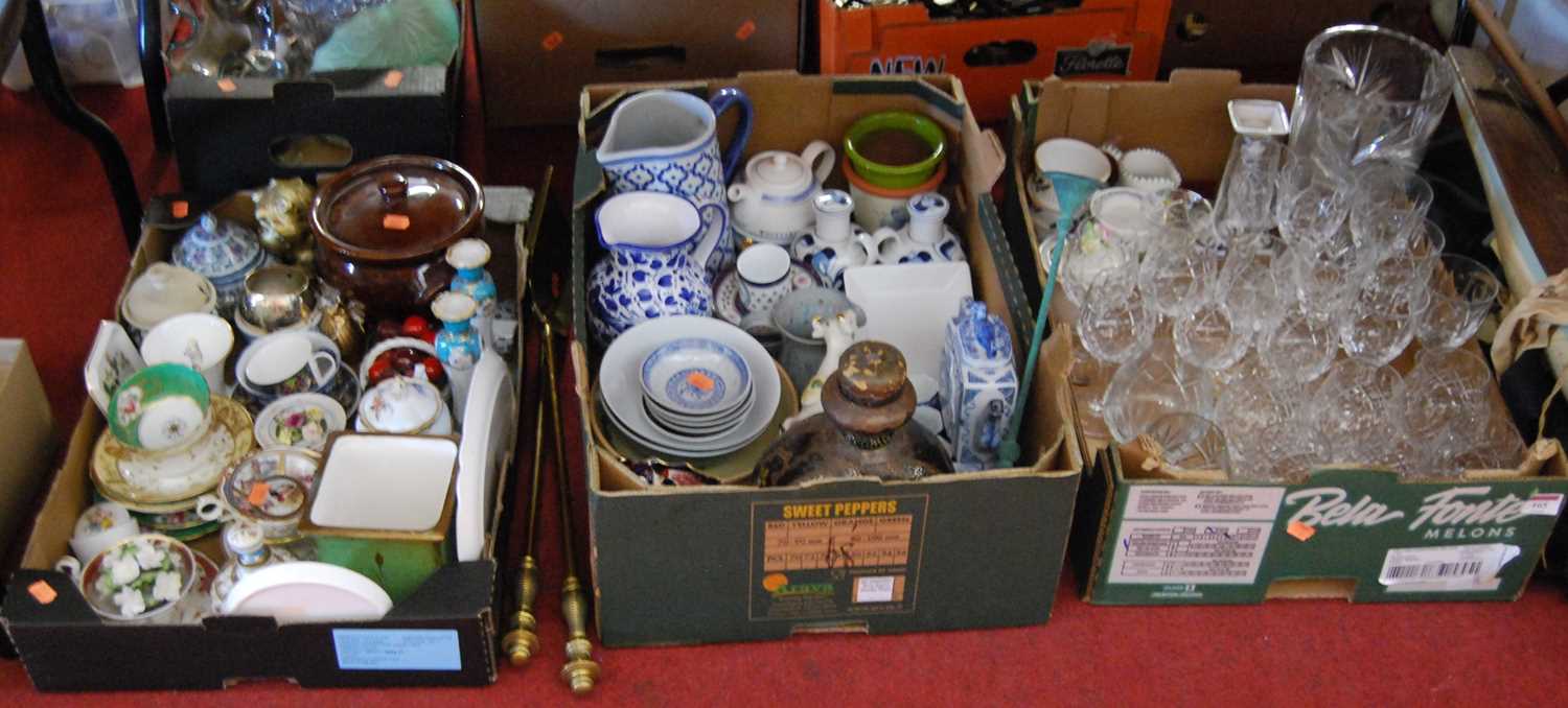 Three boxes containing a collection of glassware and ceramics to include a Victorian porcelain cup