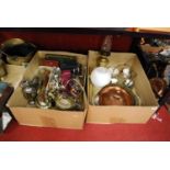 Two boxes, to include plated wares, cased and loose flatwares, brass oil lamp, copper warming pan