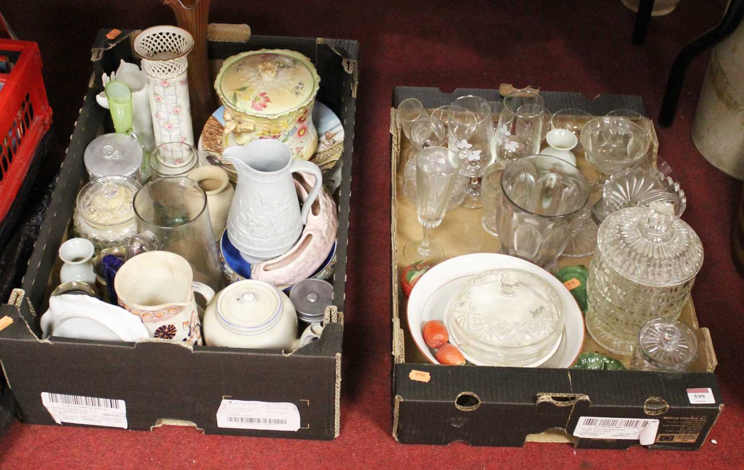 Two boxes of mixed china and glassware to include Victorian decorated jug, mixed glassware etc