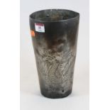 A Chinese pewter vase of tapered cylindrical form with etched decoration in the form of a dragon
