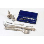 A small collection of various items to include Edwardian silver pedestal pepperette, silver plated