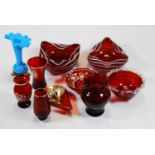 Assorted modern ruby glass wares, turquoise glass jack-in-the-pulpit vase, etc