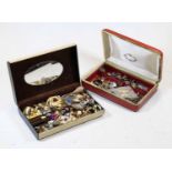 Two boxes of miscellaneous costume jewellery to include yellow metal mounted agate pendant,