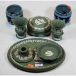 Assorted Wedgwood green jasper wares to include pair of compagna vases, pair of pin trays, trinket