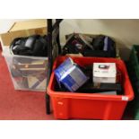 Three boxes of assorted camera accessories and equipment, to include Olympus OM10 camera etc