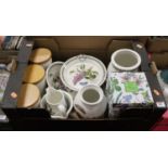 Two boxes of mixed china to include Portmeirion Botanical Garden, Denby Wheatsheaf, and Royal