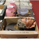 A plaster clown mask, Victorian part desk stand, pair of Victorian pink and glass decorated vases