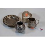 Eastern and Indian white metalwares. to include cream jug, heart shaped trinket box, baluster